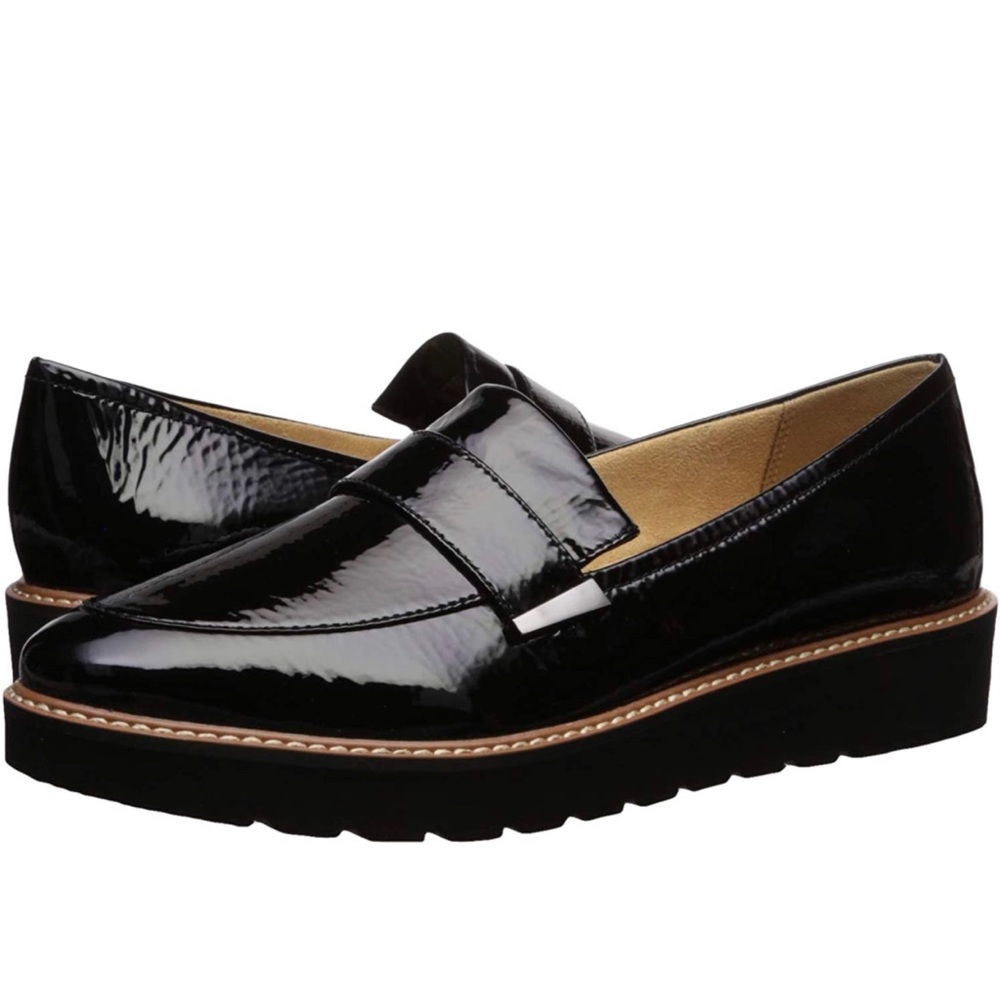 Black patent slip on 1.25” platform loafer.